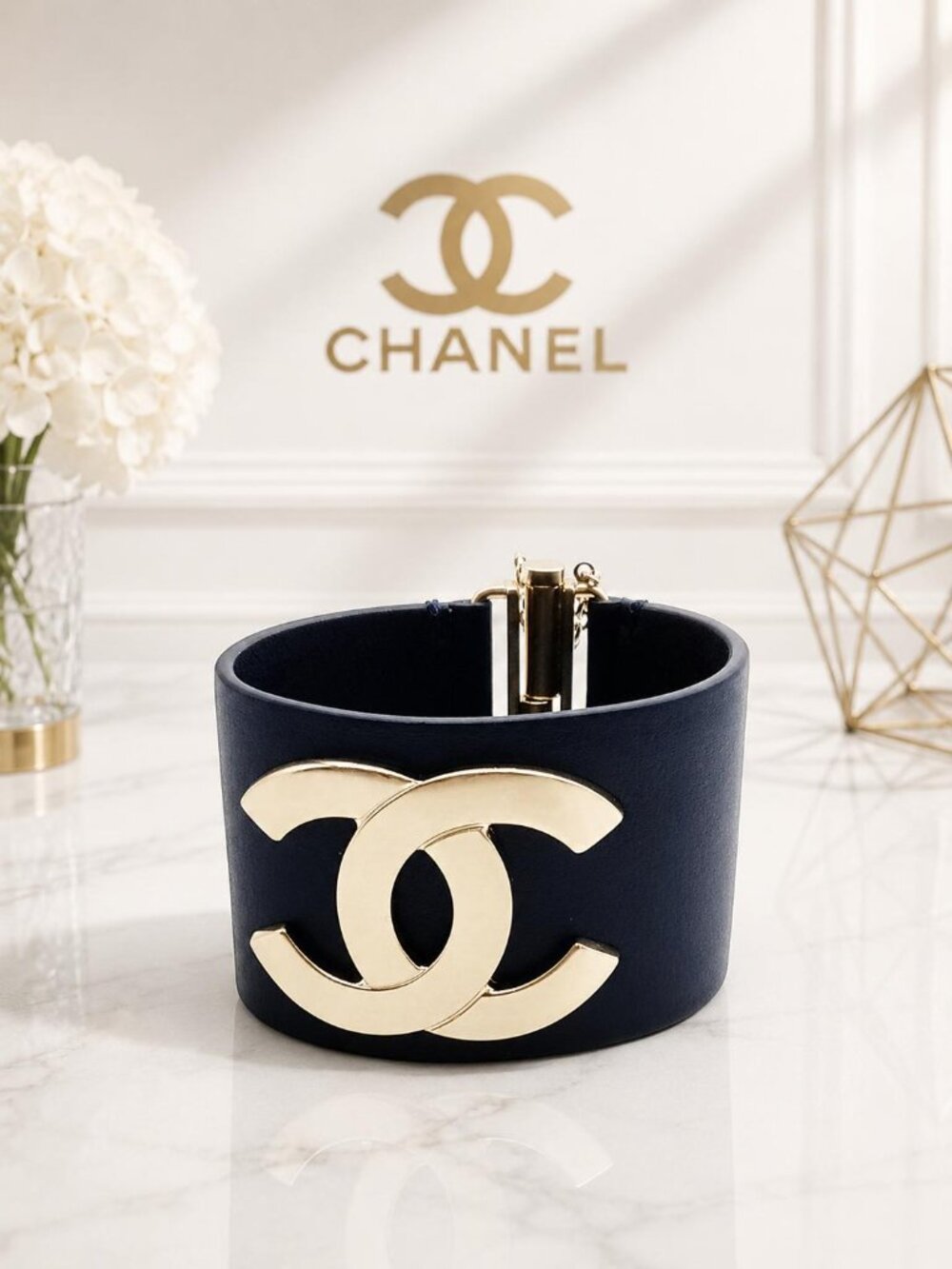 Authentic Chanel Black Leather Gold CC Cuff Bracelet
